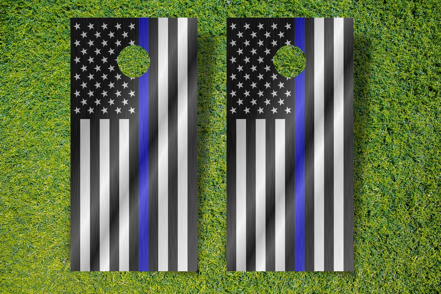 Brushed Metal Blue line Flag Cornhole Wraps