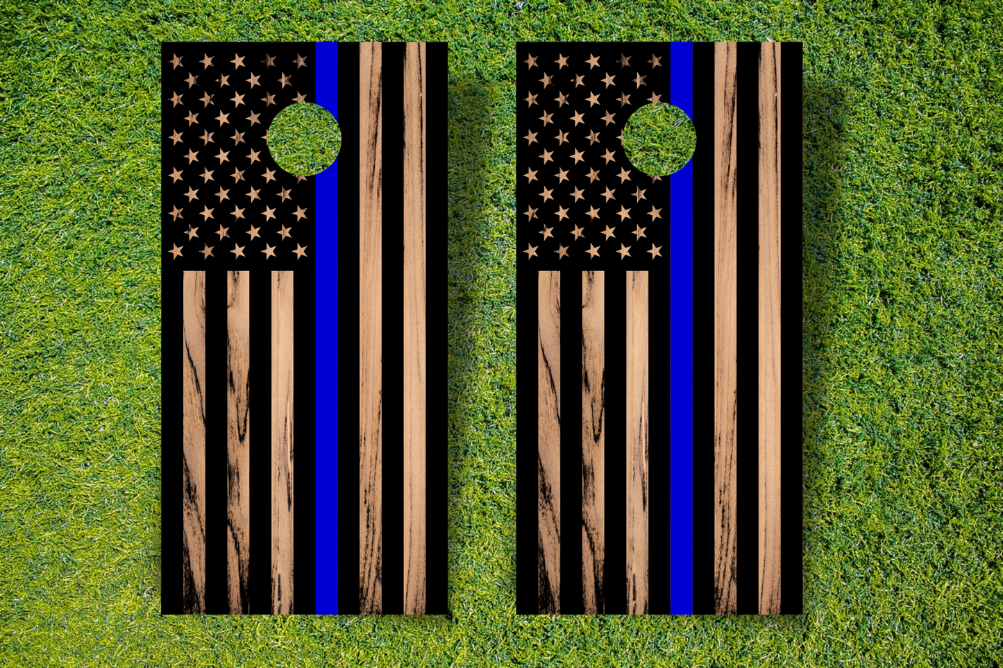 Wood Grain Blue Line Flag Cornhole Wrap