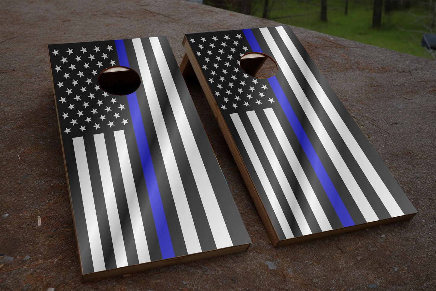 Brushed Metal Blue line Flag Cornhole Wraps