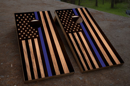 Wood Grain Blue Line Flag Cornhole Wrap