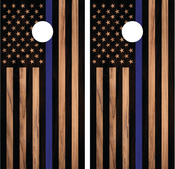 Wood Grain Blue Line Flag Cornhole Wrap