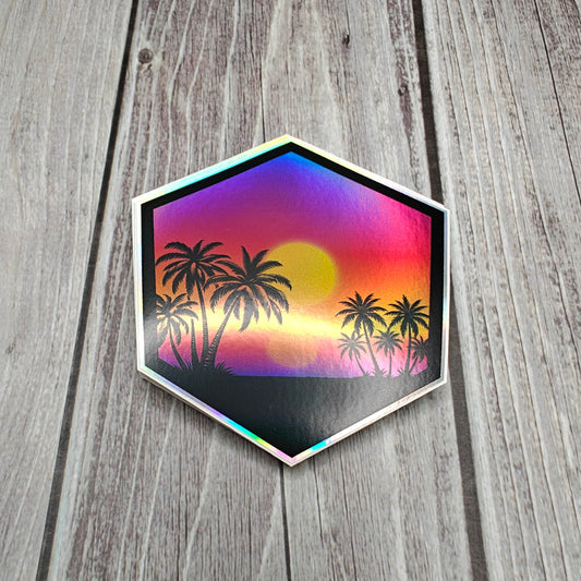 Palm Trees & Sunset Over Water 3" Holographic Sticker